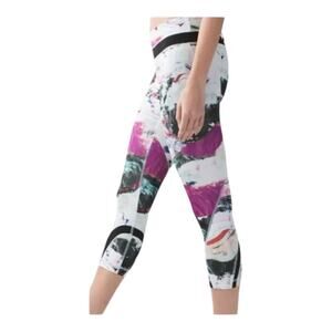 Lululemon size 8 Run inspire crop II leggings luxtreme white pink splatter mesh